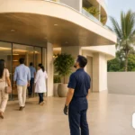 Entrada de clínica com circulação de pacientes e técnico observando a fachada.