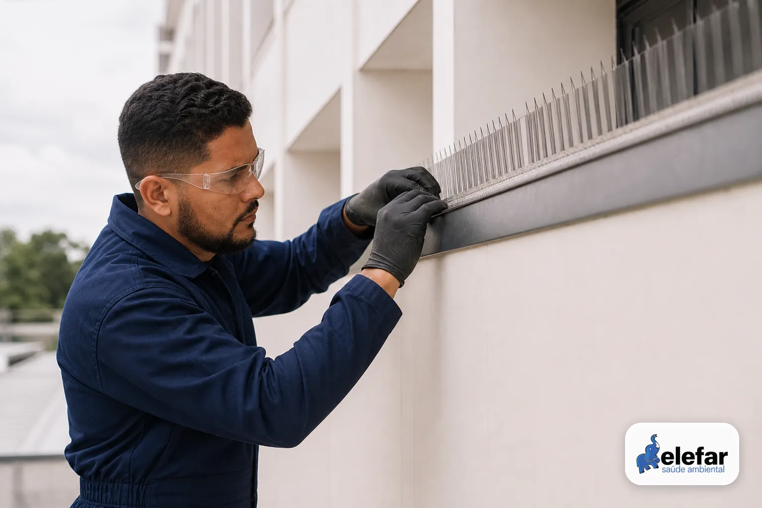 Técnico inspecionando a fachada e instalando barreira discreta.