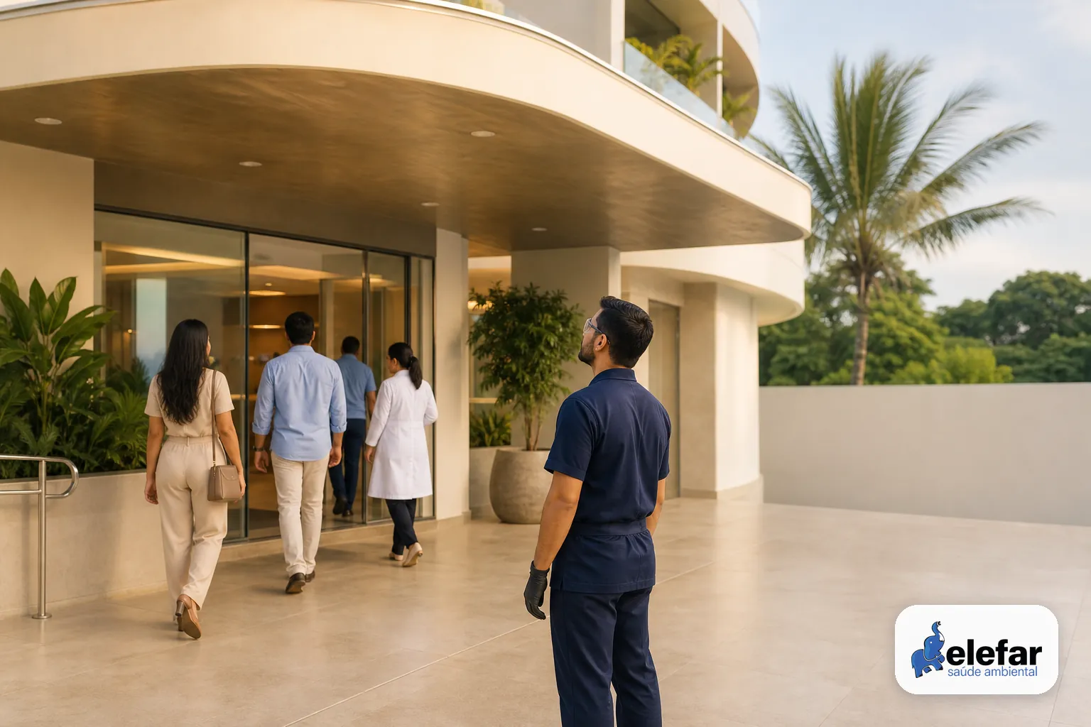 Entrada de clínica com circulação de pacientes e técnico observando a fachada.