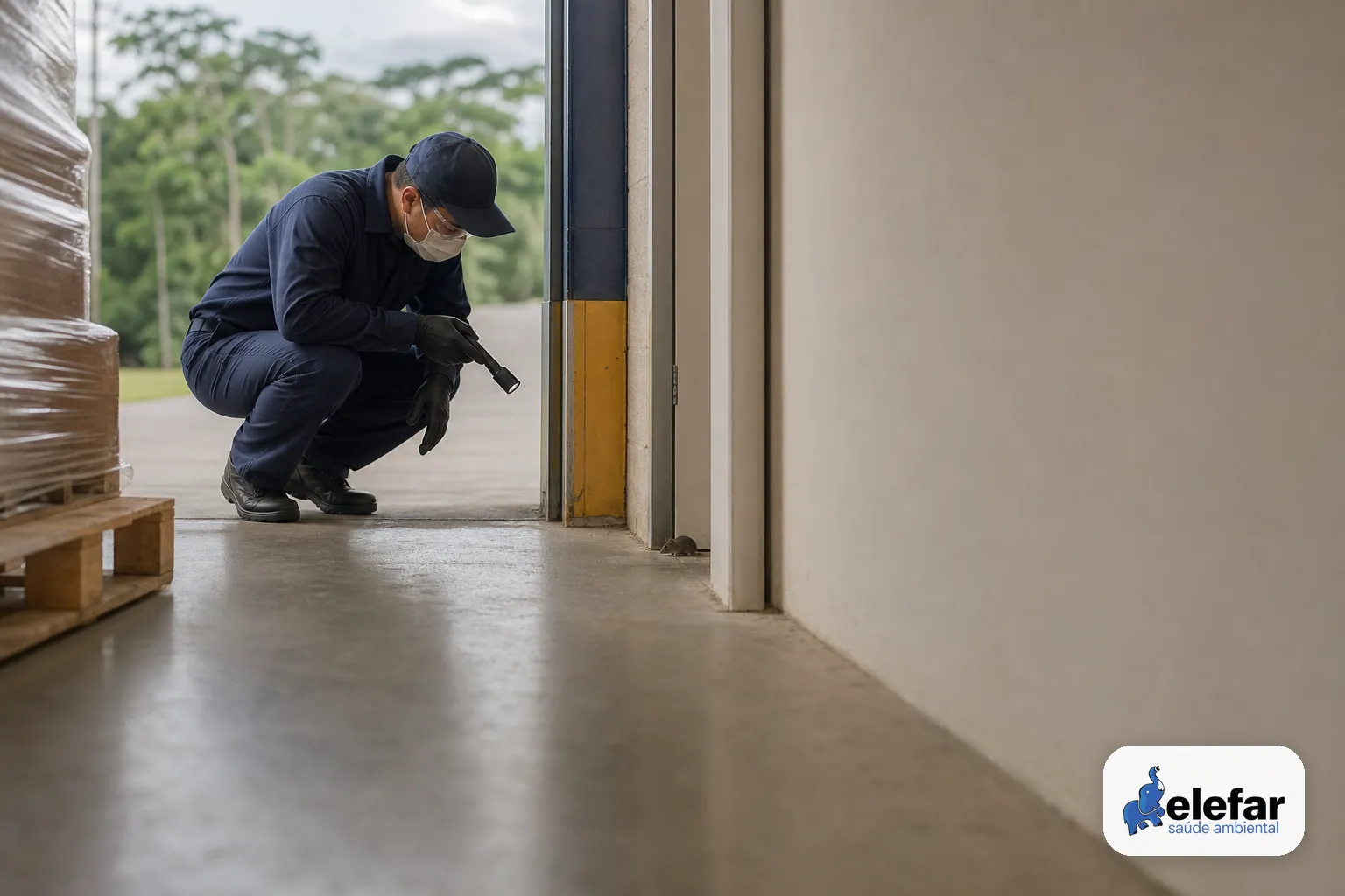 Técnico inspeciona uma doca industrial com um pequeno camundongo próximo à parede, em cena discreta.