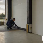 Técnico inspeciona a doca de uma planta industrial com a porta fechada e o perímetro em verificação.