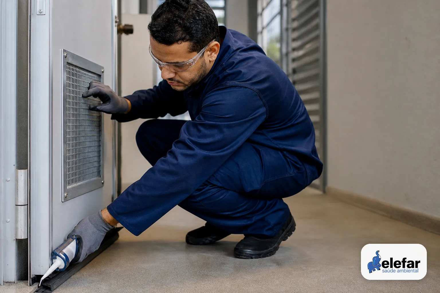 Técnico verifica a vedação de uma porta e a tela de ventilação em uma planta industrial.