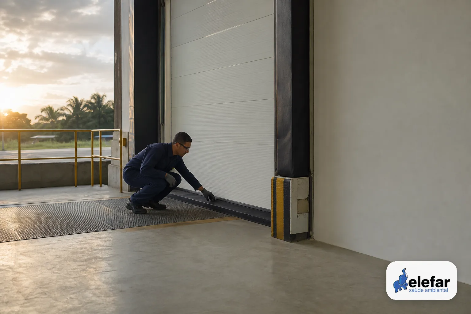 Técnico inspeciona a doca de uma planta industrial com a porta fechada e o perímetro em verificação.