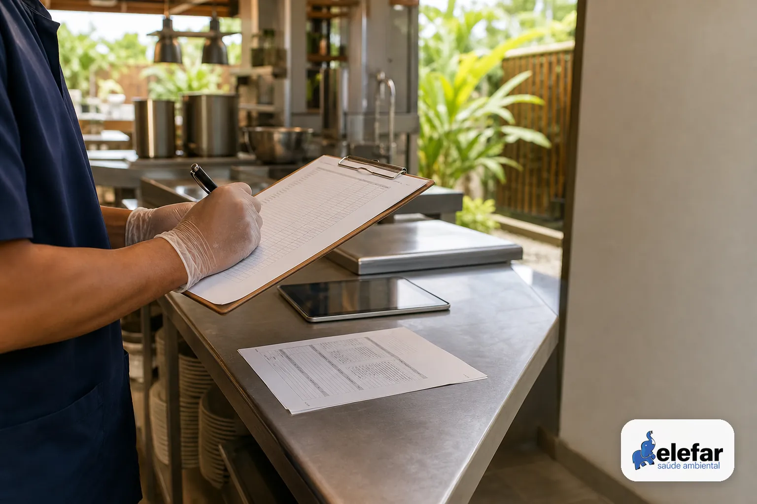Mãos conferindo uma lista de verificação sanitária em uma cozinha de restaurante.