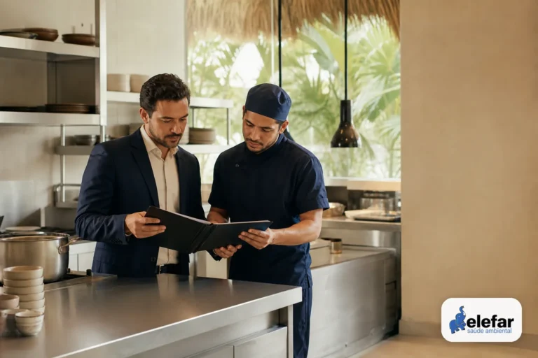 Gerente e chef revisando uma pasta de controle em uma cozinha de restaurante limpa e organizada.