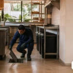 Técnico inspeciona ralo e área de descarte em cozinha de restaurante.
