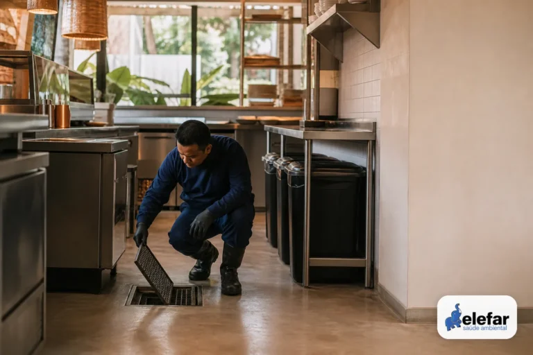 Técnico inspeciona ralo e área de descarte em cozinha de restaurante.