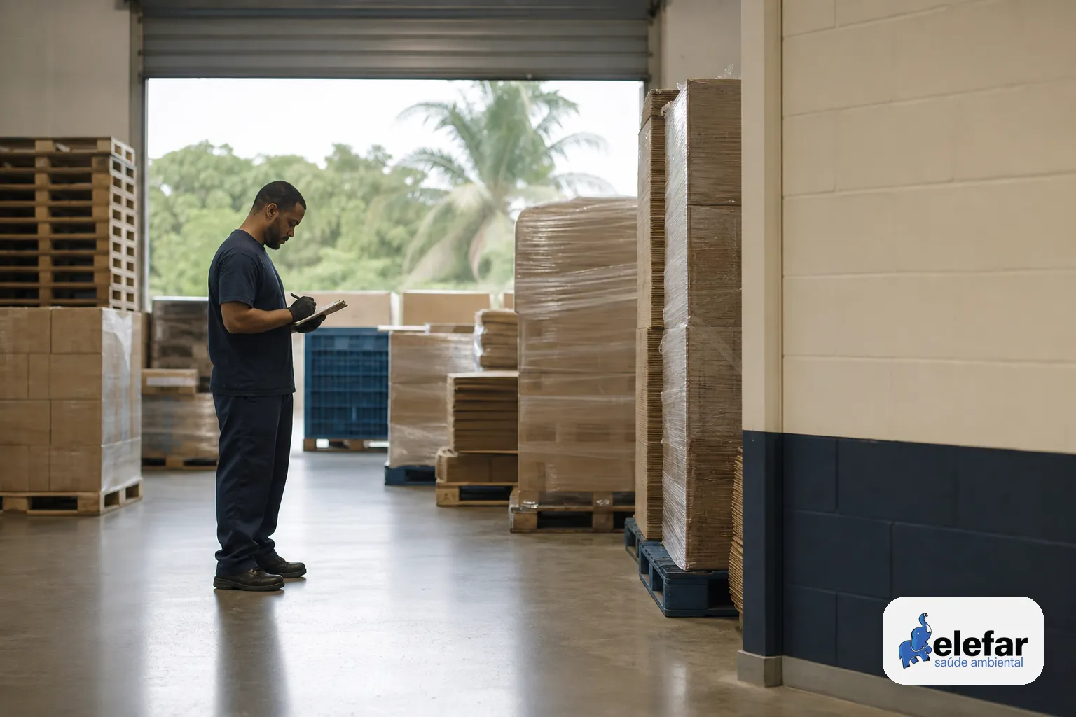 Corredor de centro de distribuição com pallets e uma discreta linha de formigas na base.