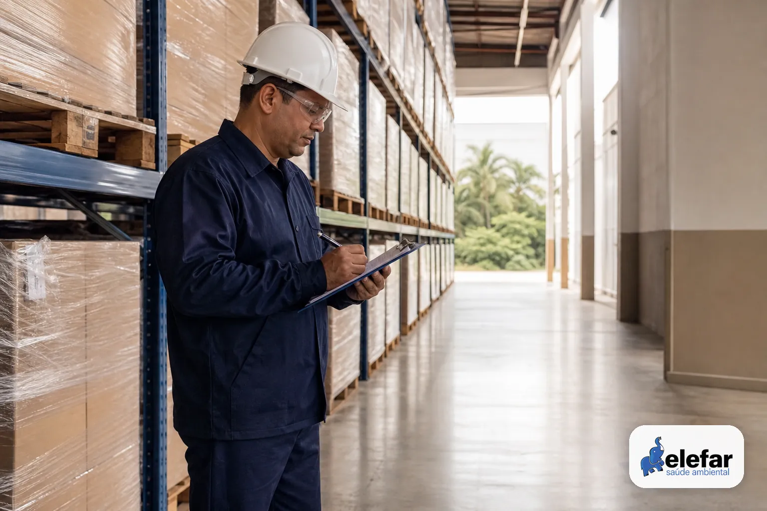 Supervisor conferindo checklist em corredor organizado de armazém com pallets alinhados.