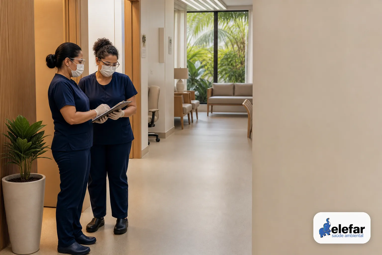 Equipe revisando checklist de desinfecção em área hospitalar organizada.
