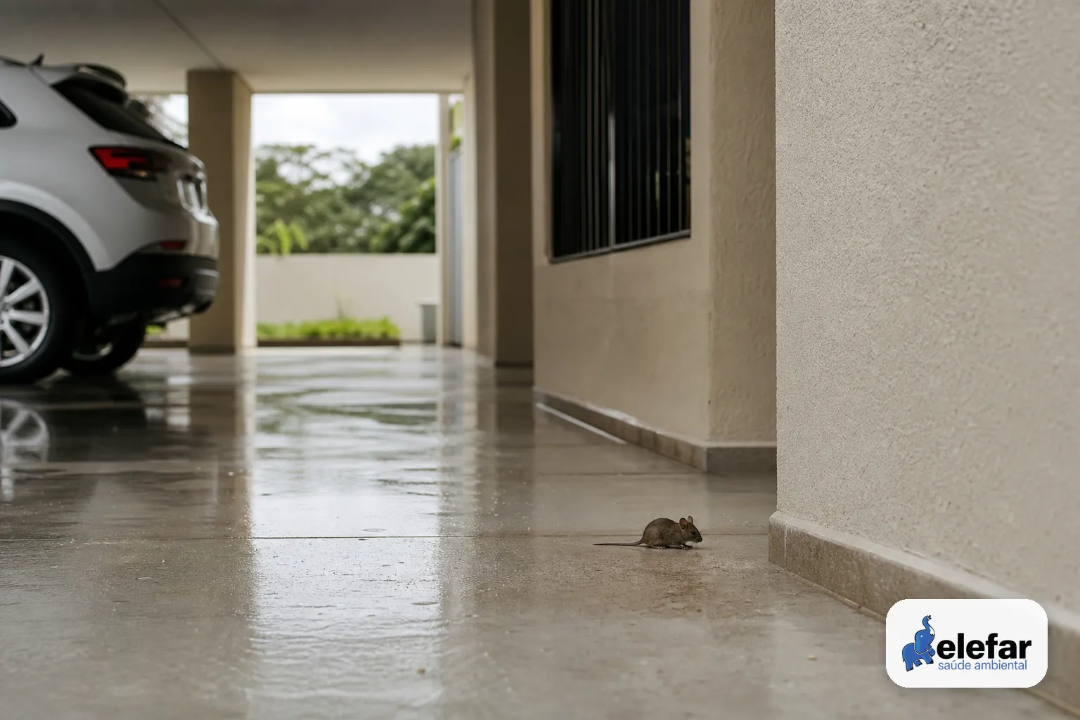 Pequeno camundongo discreto em área comum de condomínio após a chuva.
