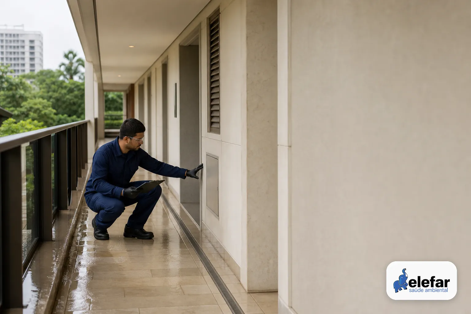 Técnico inspecionando ralo e juntas em área comum de condomínio.