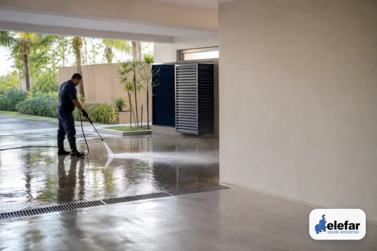 Área comum de condomínio após a chuva, com piso seco e drenagem visível.