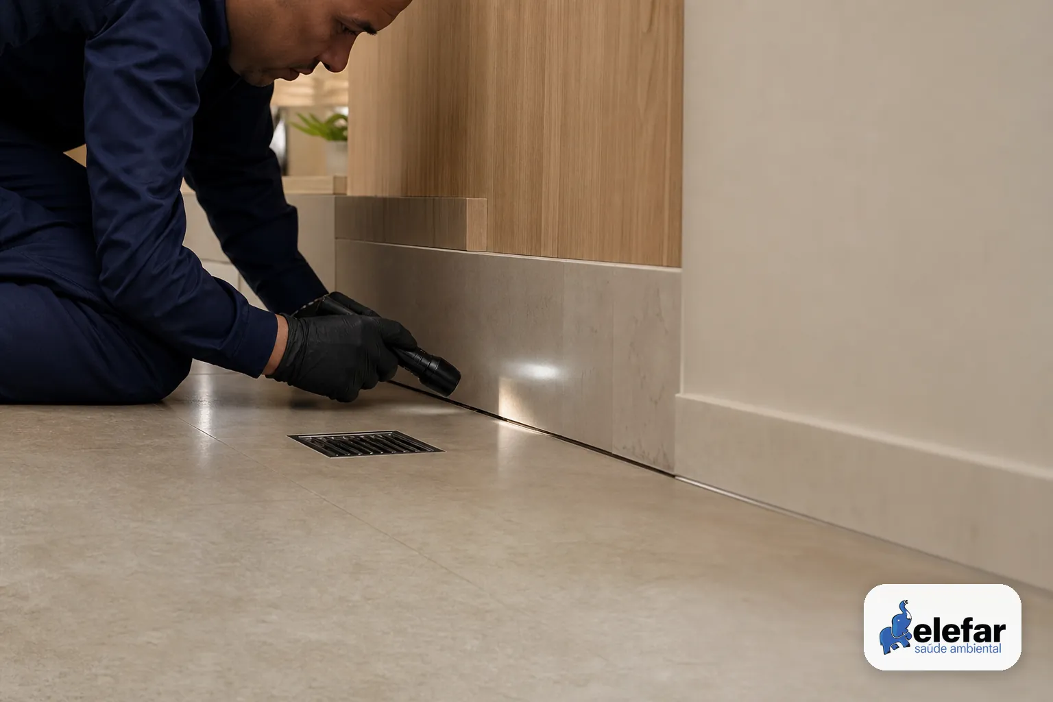 Técnico inspecionando frestas e rodapé em cozinha residencial