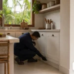 Pessoa inspecionando o rodapé em uma cozinha residencial limpa