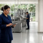 Profissional em ambiente industrial revisando registros de conformidade.