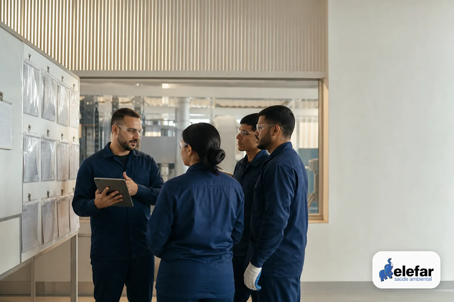 Equipe industrial reunida ao lado de um painel de processos.