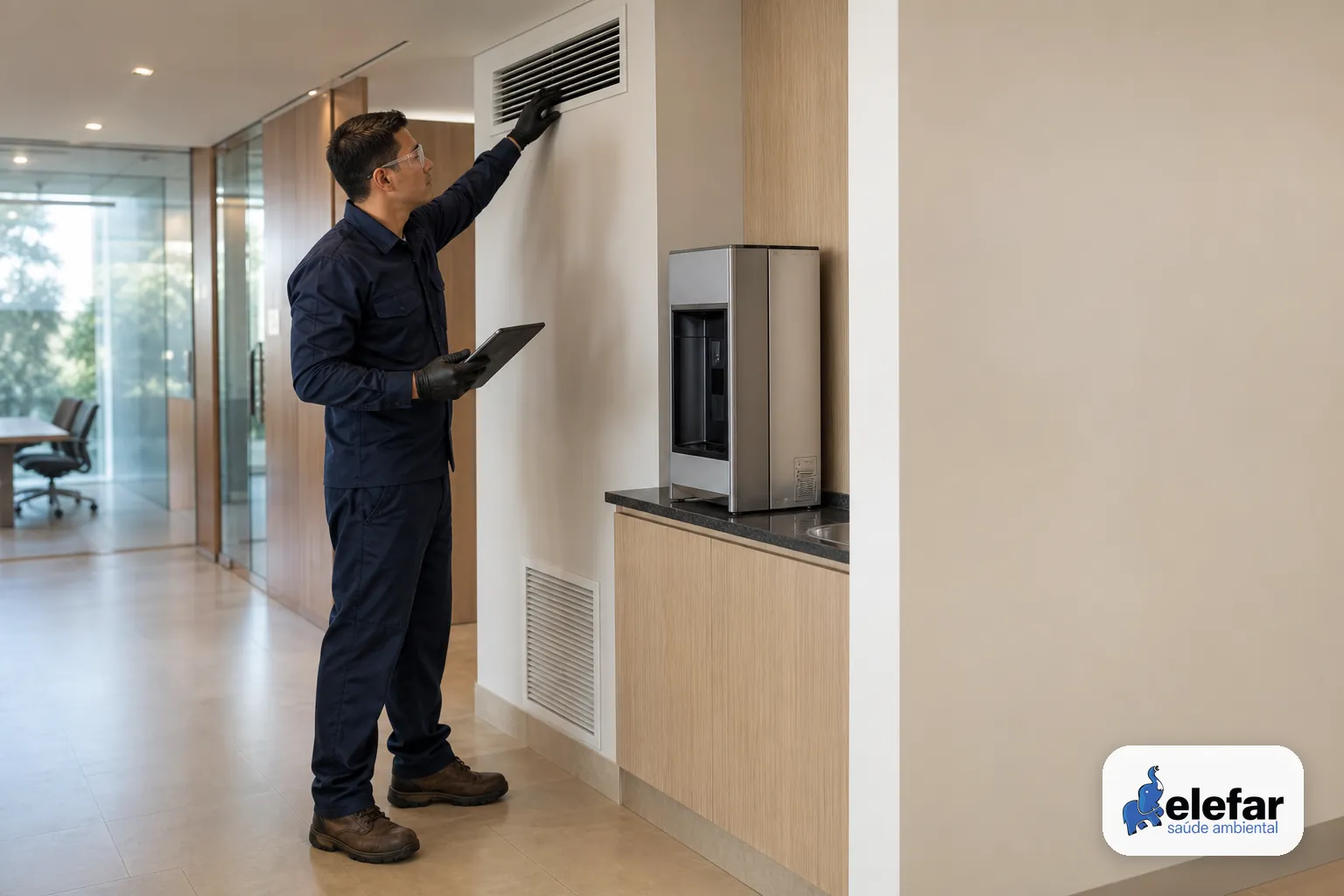 Técnico inspecionando climatização e ponto de água em corredor corporativo