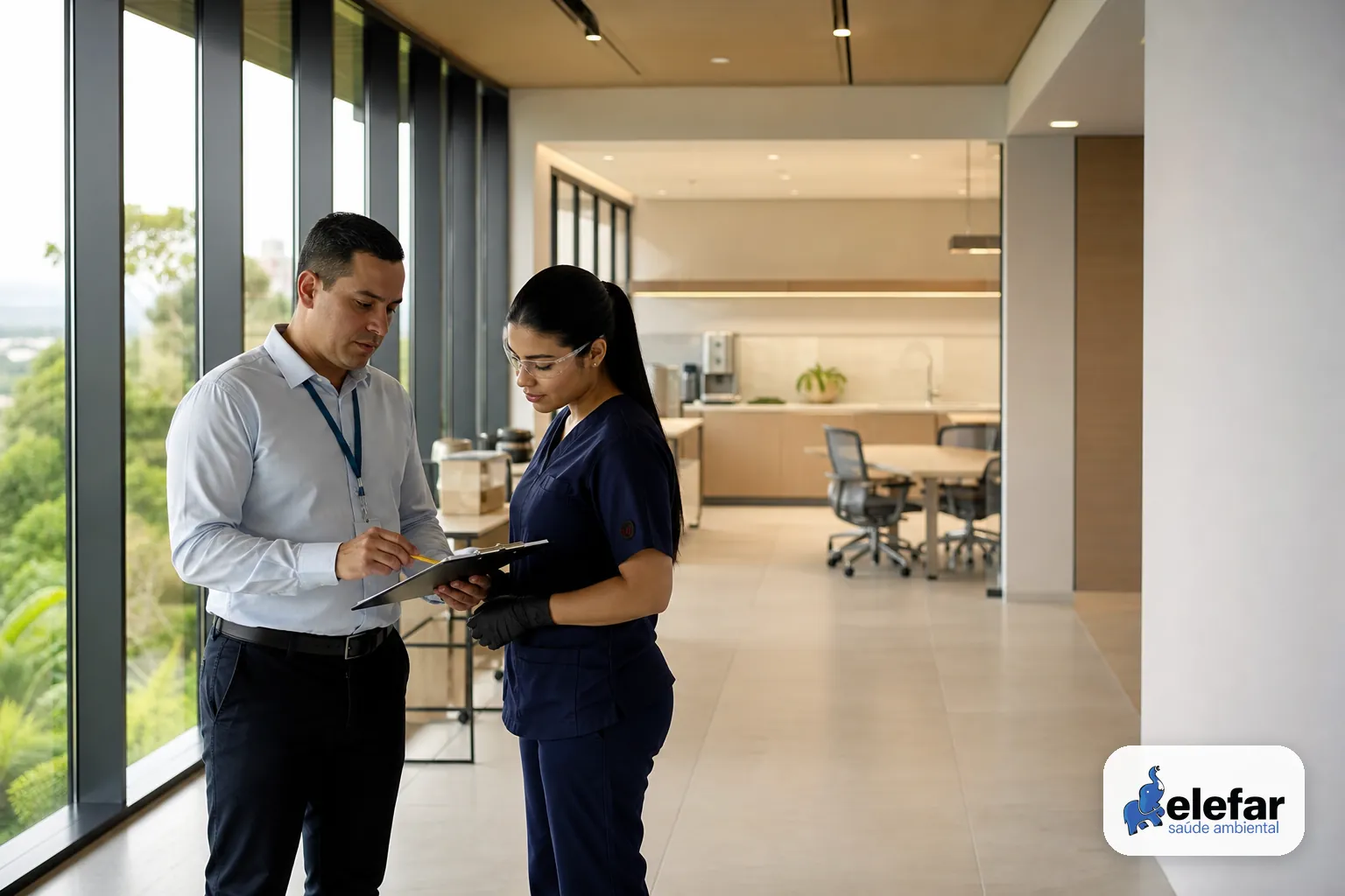 Gestor e técnico analisando checklist de saúde ambiental em escritório corporativo