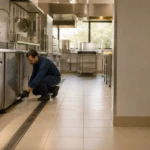 Técnico inspecionando uma cozinha industrial ao fim do expediente.