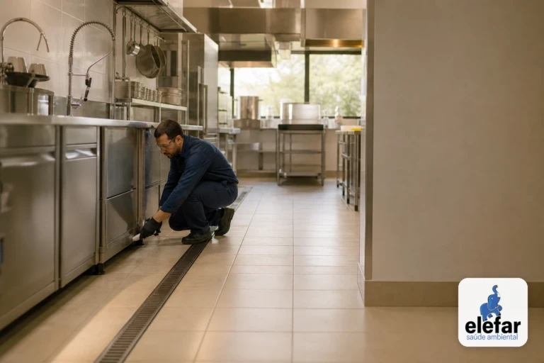 Técnico inspecionando uma cozinha industrial ao fim do expediente.