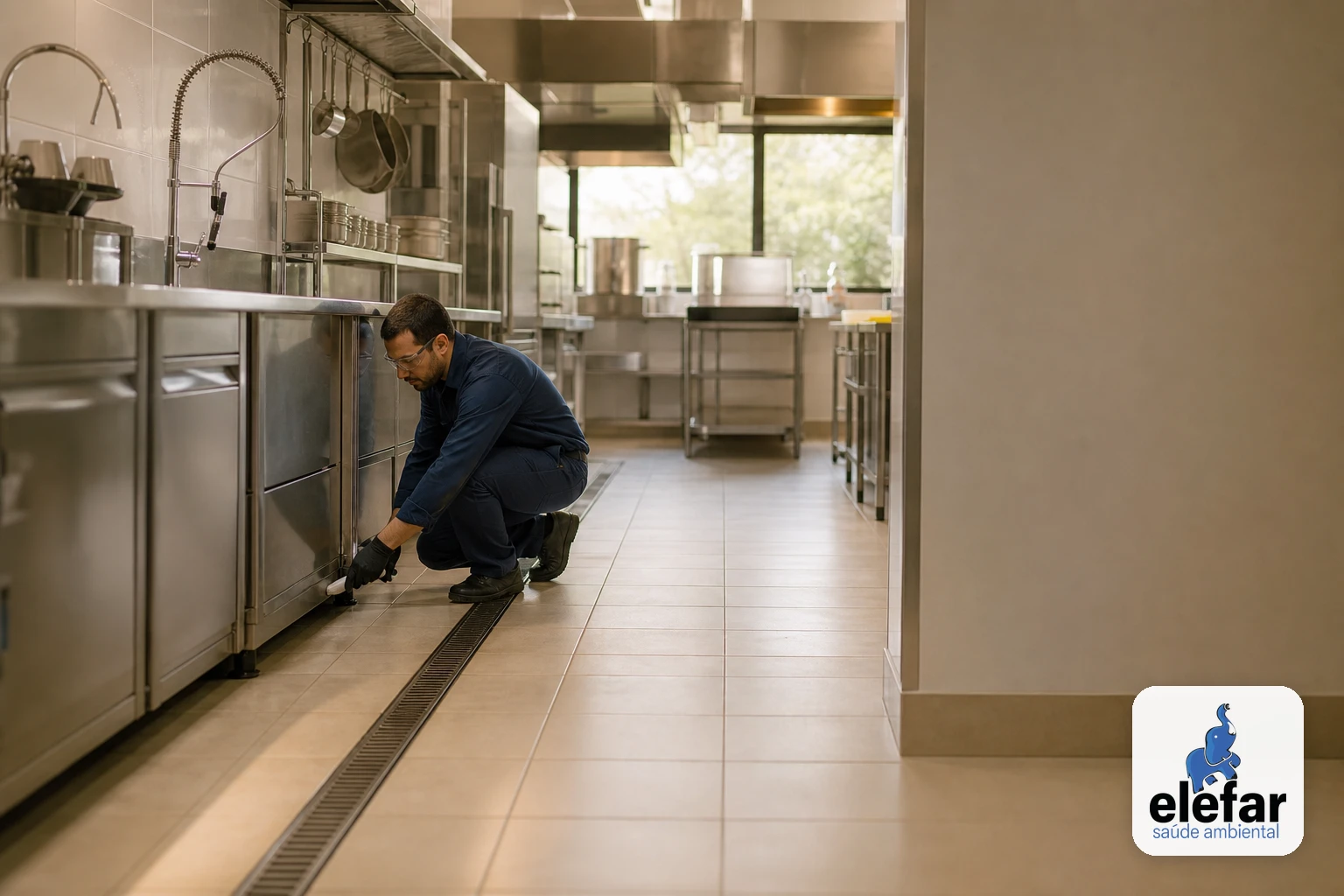 Técnico inspecionando uma cozinha industrial ao fim do expediente.