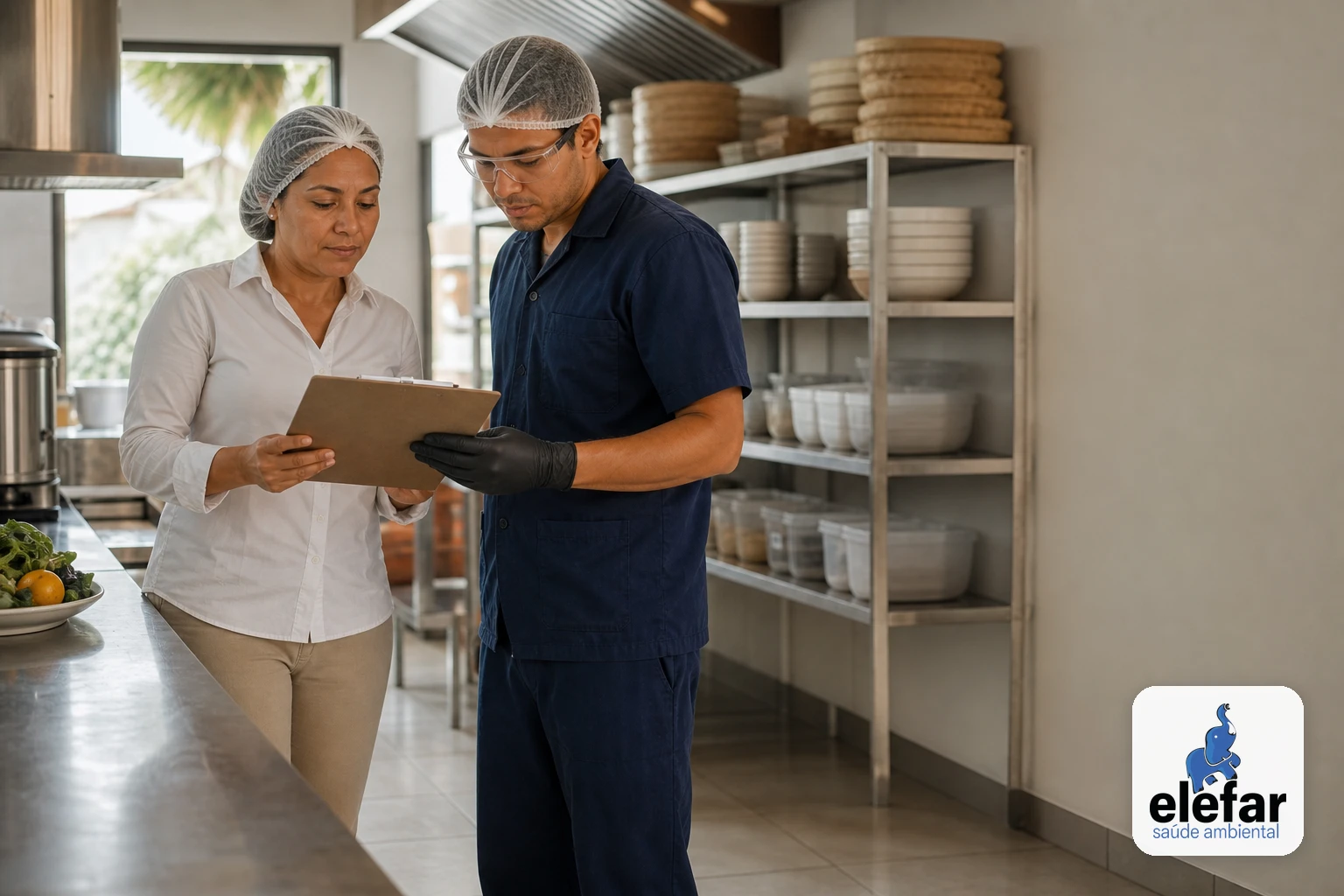 Gestor e técnico conferindo um checklist em cozinha industrial organizada.