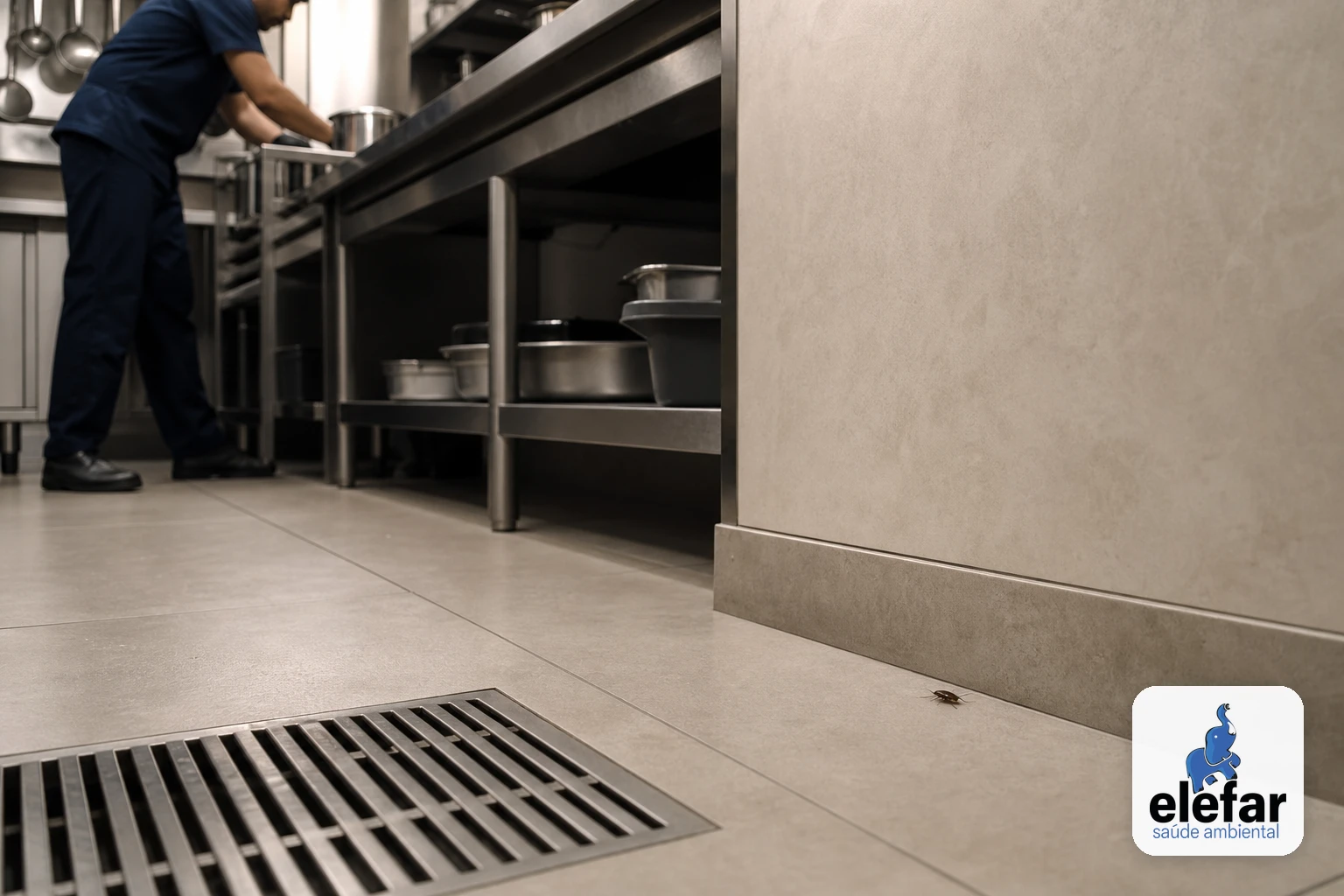 Uma pequena barata próxima ao ralo em cozinha industrial de aço inox.