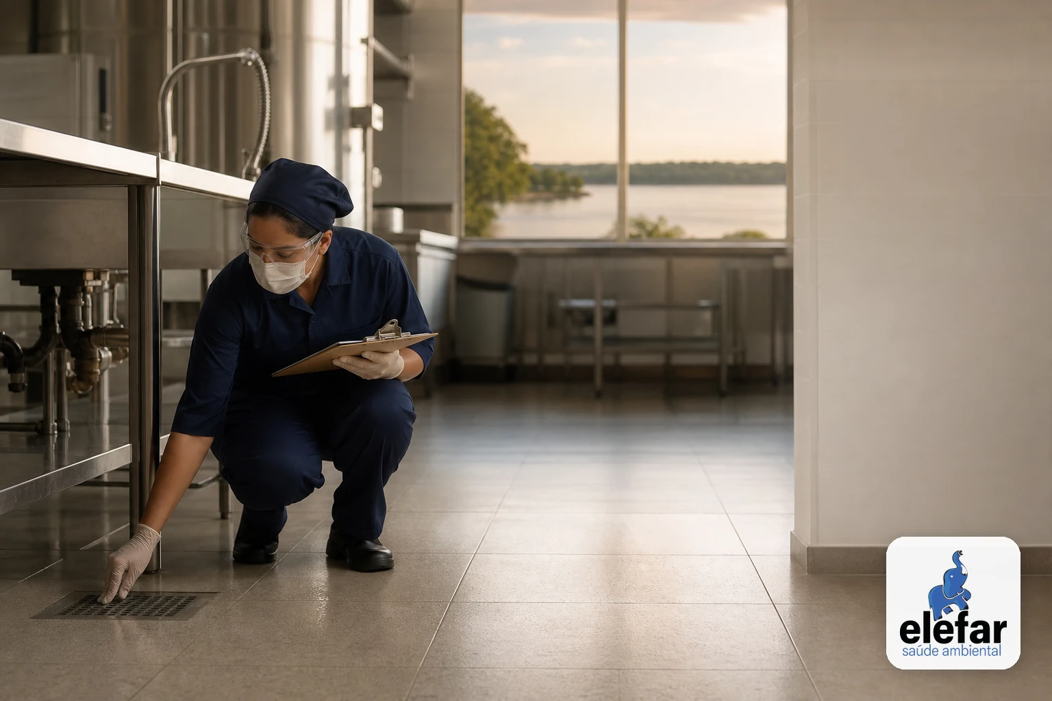 Técnico inspeciona ralo de cozinha industrial ao lado de bancada de aço em ambiente organizado.