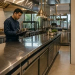 Técnico verificando uma cozinha de restaurante após o expediente.