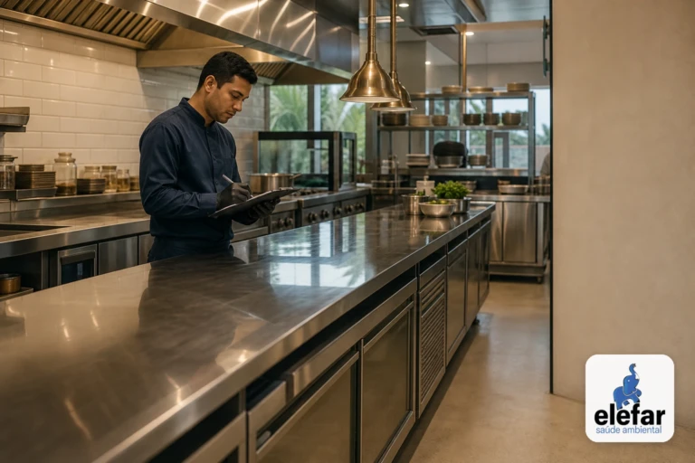 Técnico verificando uma cozinha de restaurante após o expediente.