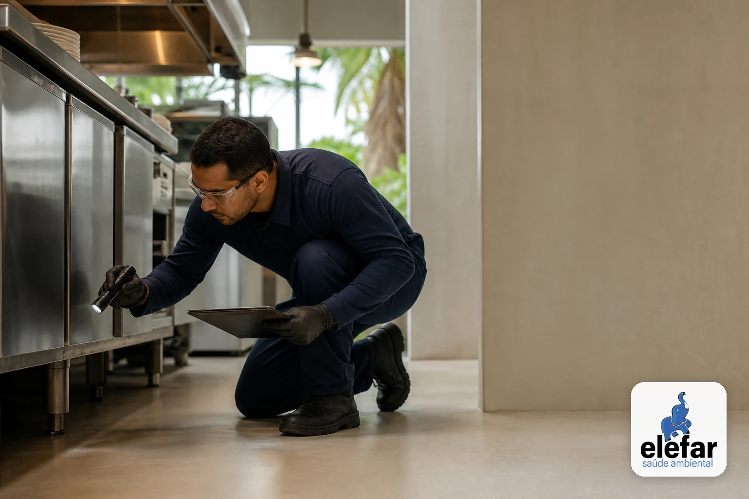 Técnico inspecionando armários e equipamentos em cozinha comercial.
