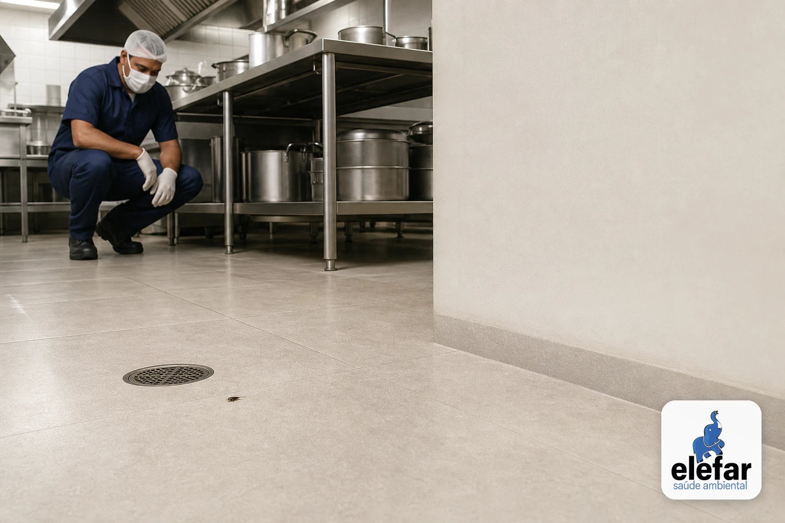 Pequena barata próxima a um ralo em cozinha industrial.