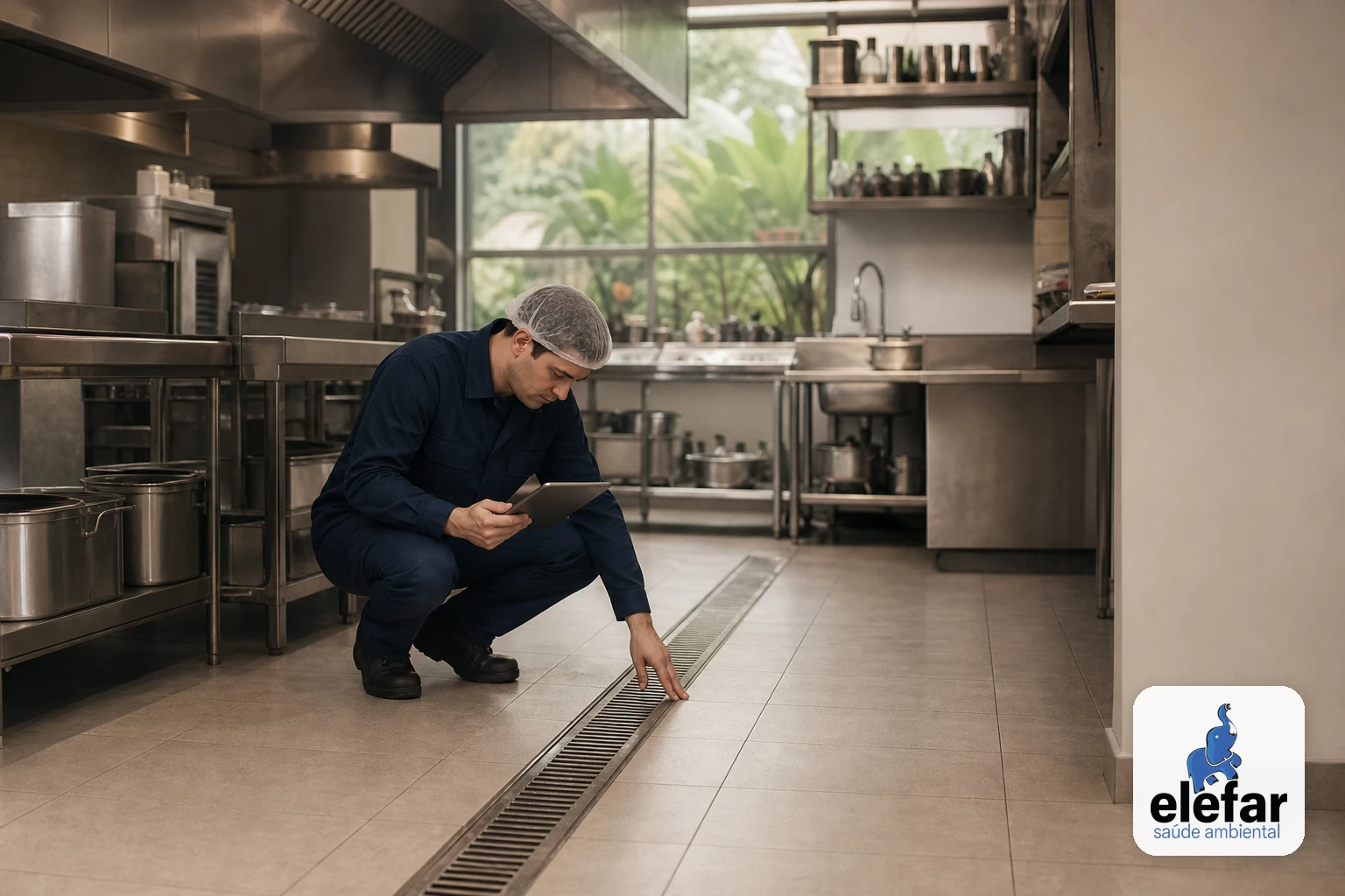 Técnico inspecionando ralo e área de preparo em cozinha industrial.