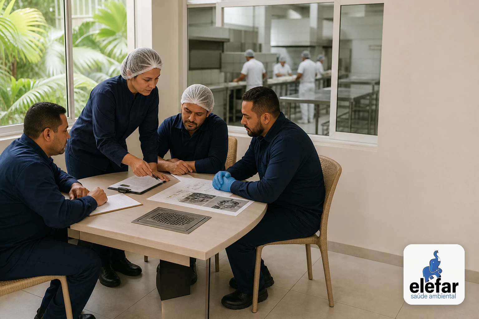 Equipe revisando checklist de controle em cozinha profissional.