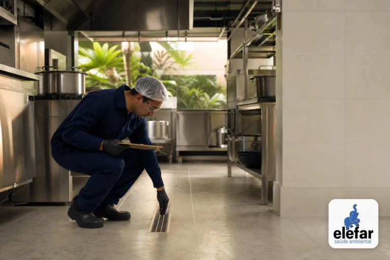 Técnico inspecionando o ralo de uma cozinha industrial.