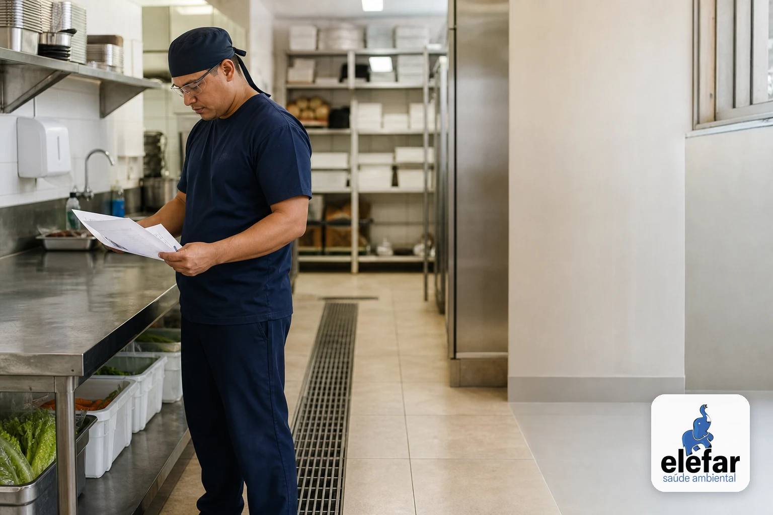 Gestor conferindo checklist em cozinha industrial.