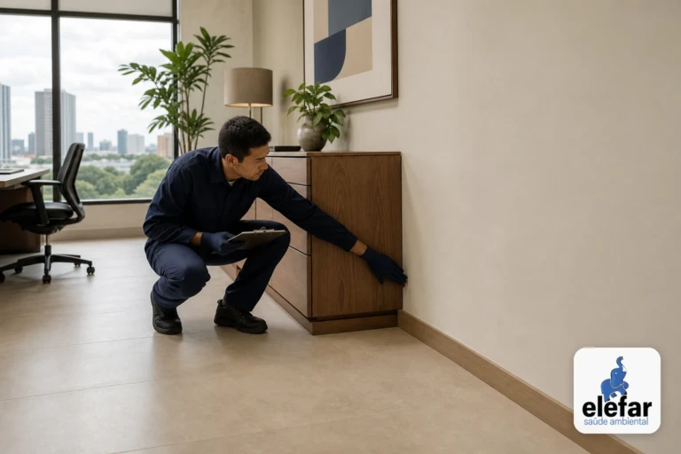 Técnico inspecionando mobiliário de escritório em ambiente corporativo.