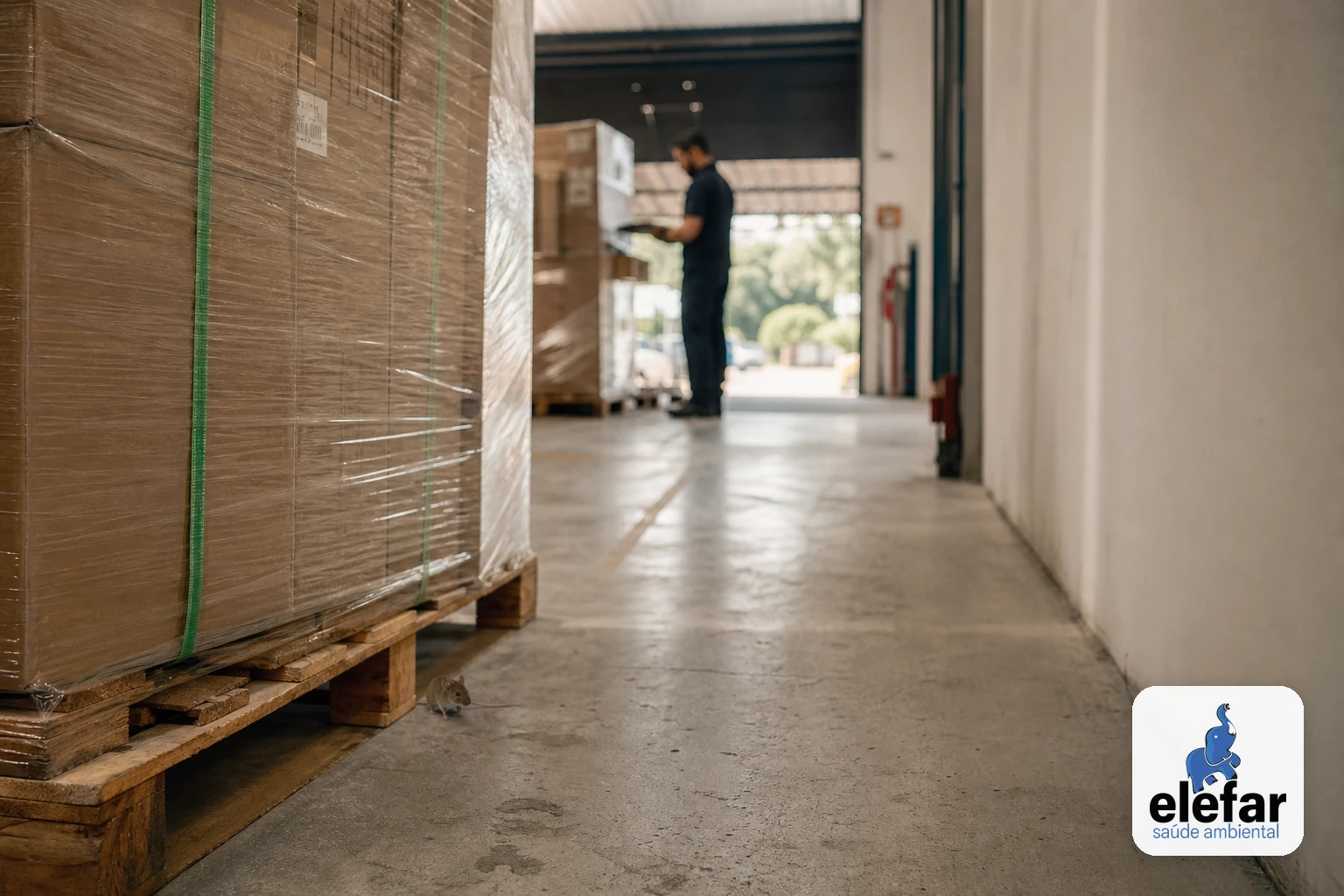 Pequeno camundongo em corredor de centro de distribuição perto de um pallet.