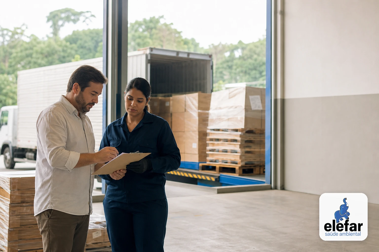 Técnico e supervisor inspecionando a doca de um centro de distribuição.