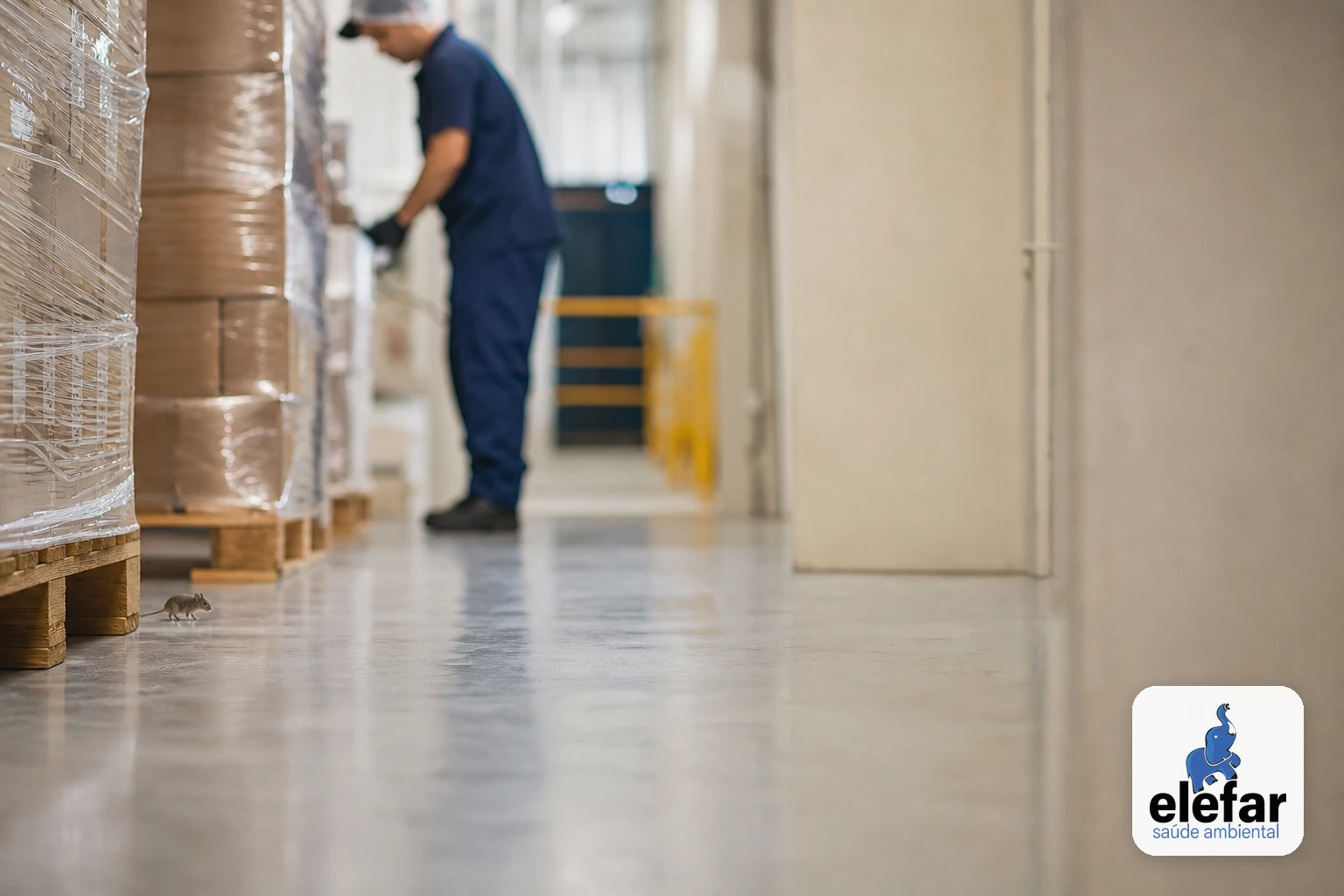 Pequeno camundongo visível discretamente próximo a um pallet em um centro de distribuição.