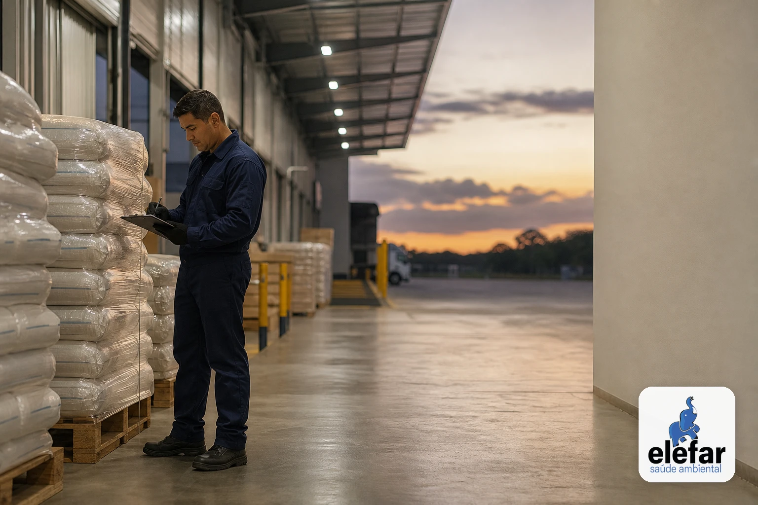 Técnico inspecionando um centro de distribuição organizado, com paletes e área de doca.