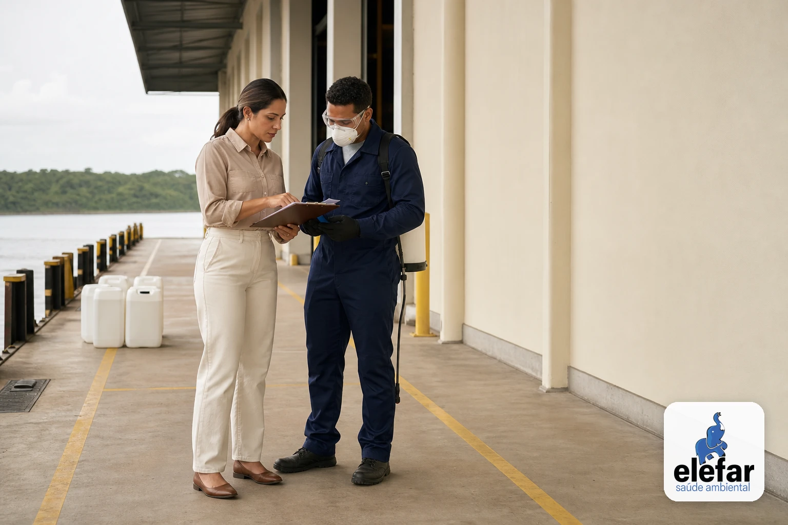 Supervisor e técnico conferindo registros de vistoria ao lado da doca em um CD.