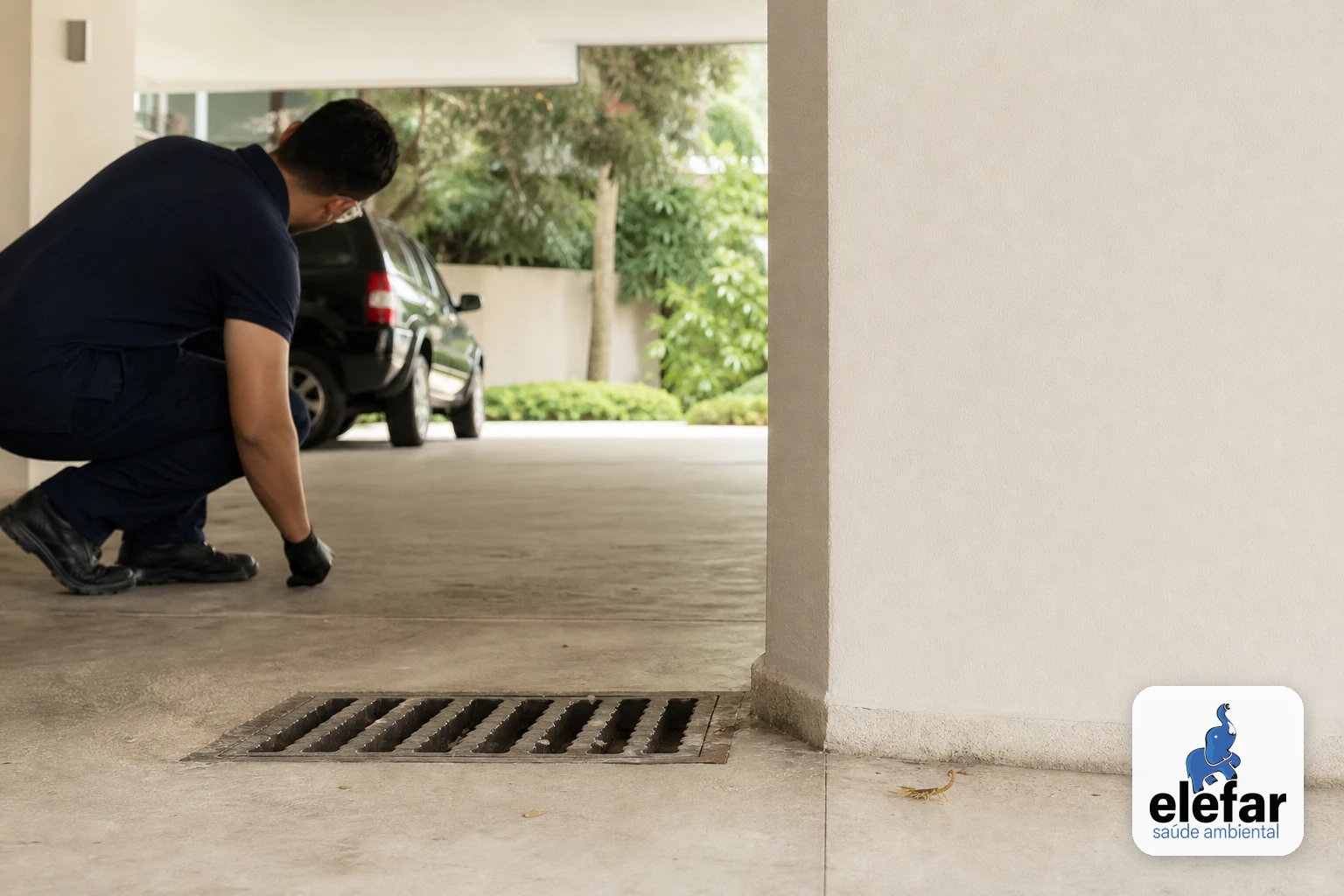 Pequeno escorpião amarelo discreto perto da parede em uma garagem de condomínio.