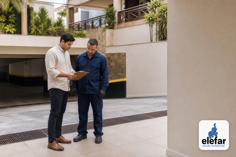 Administrador e técnico inspecionando a garagem de um condomínio com checklist.