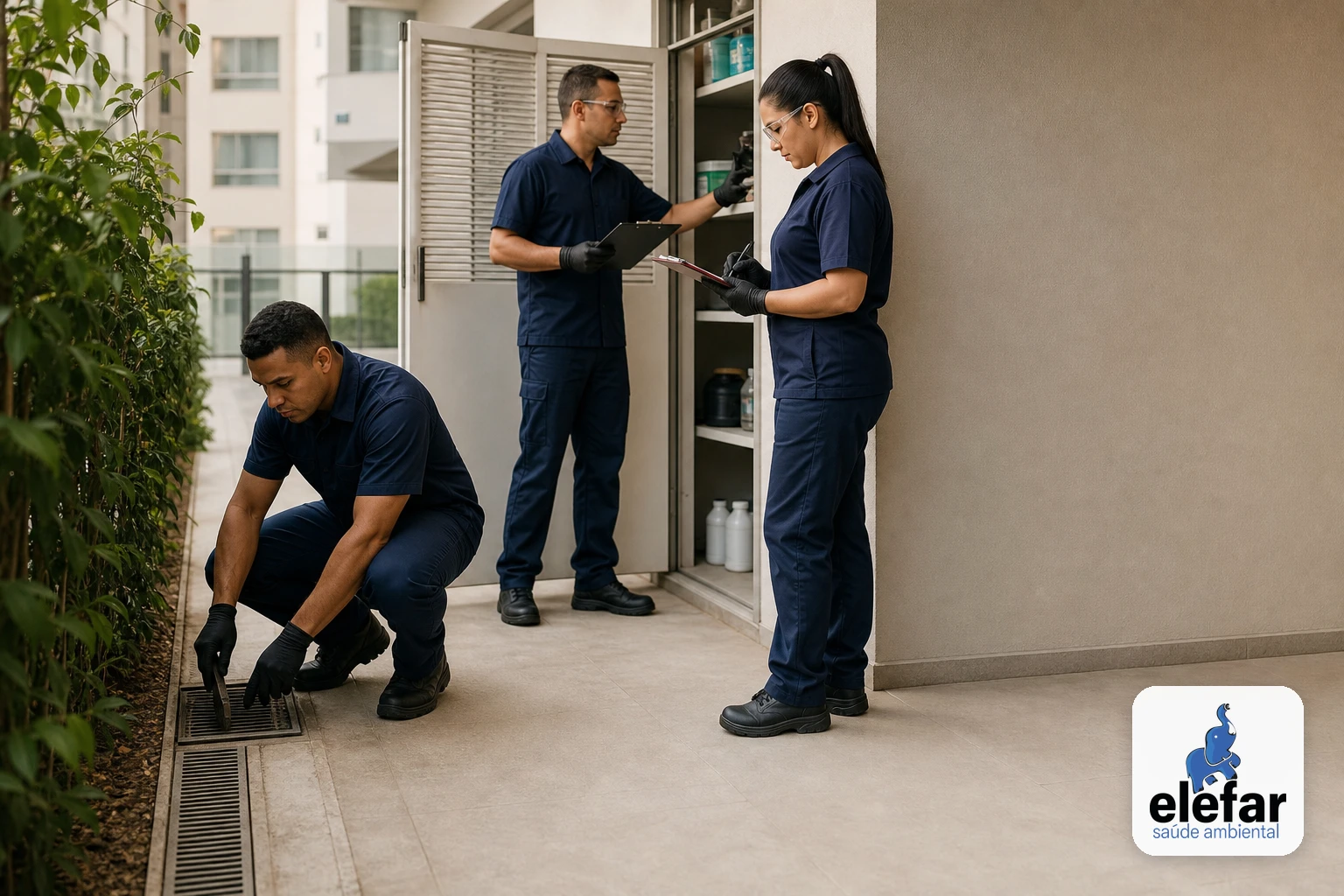 Equipe inspecionando ralos e caixas de passagem em área comum de condomínio.