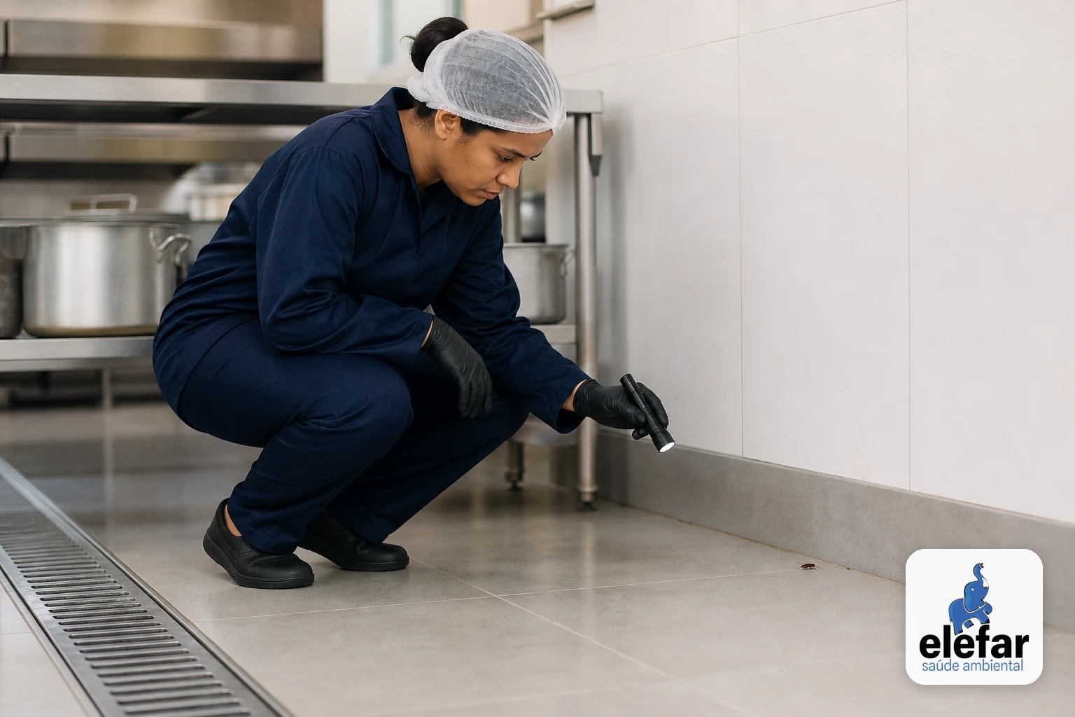 Barata pequena próxima ao rodapé de uma cozinha industrial.
