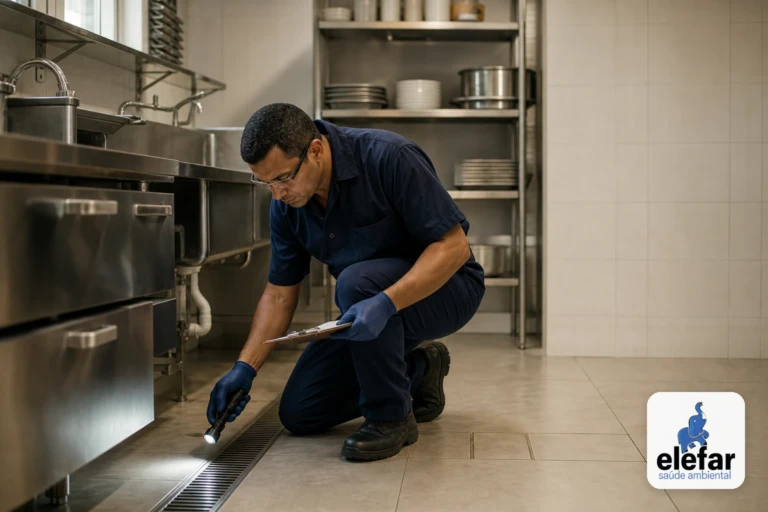 Técnico conferindo pontos de fechamento em cozinha industrial.