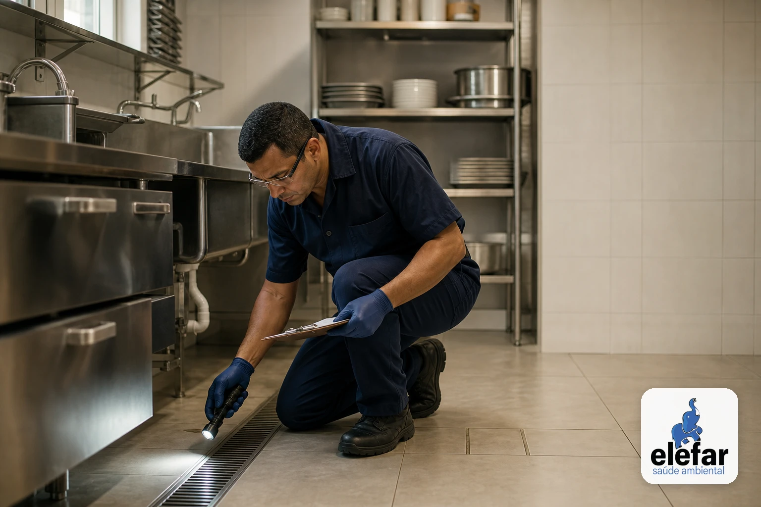 Técnico conferindo pontos de fechamento em cozinha industrial.
