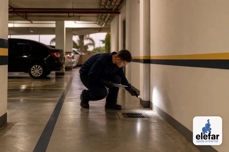 Técnico inspecionando a garagem de um condomínio ao lado de carros estacionados.
